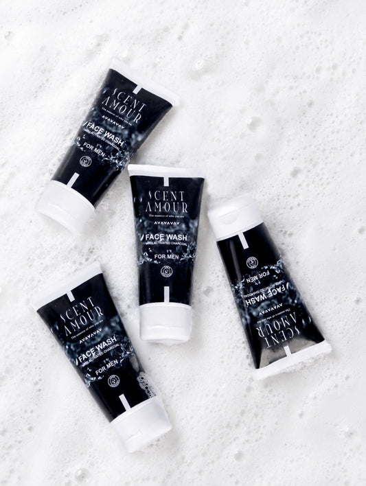 Four tubes of 'Scent Amour' face wash on a textured white surface