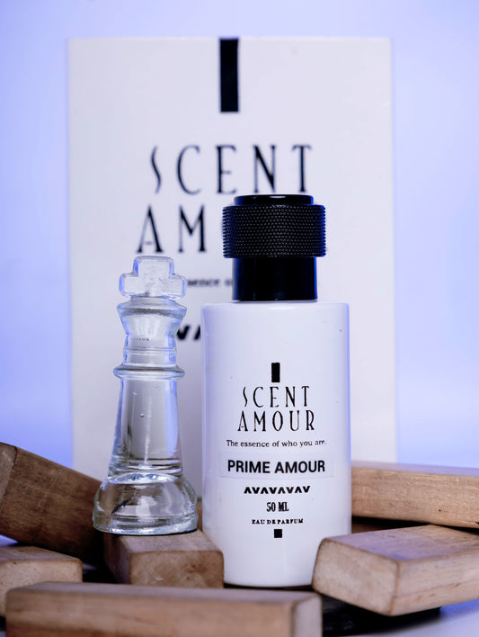 Perfume bottle labeled 'Scent Amour Prime Amour' with packaging in the background