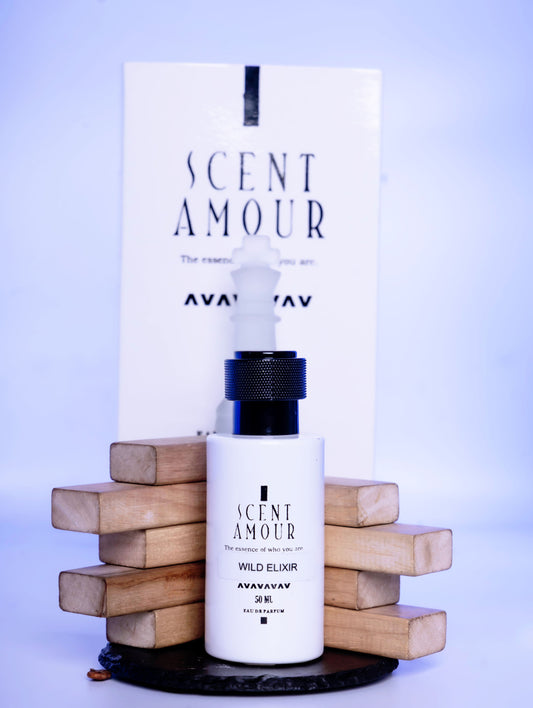 Scent Amour Wild Elixir bottle and packaging on a light blue background